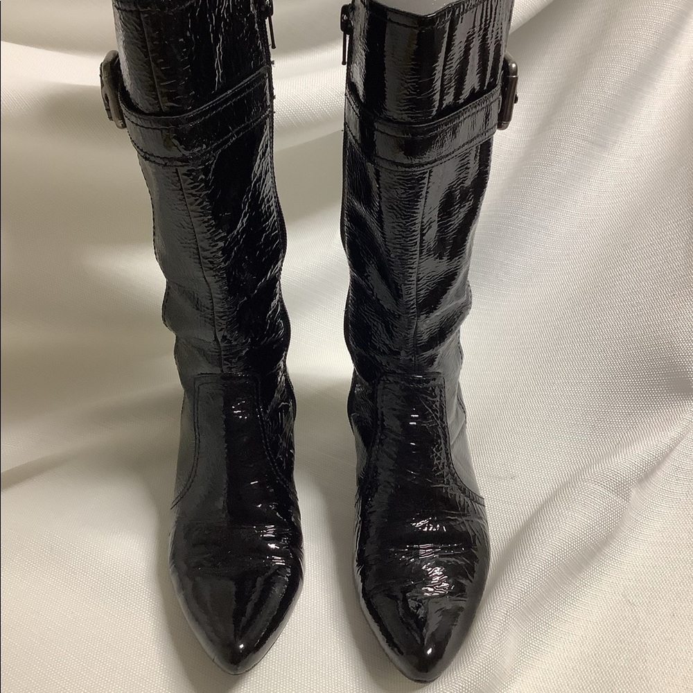 Madeline sz6 real patent leather mid-calf black boots w/silver hardware